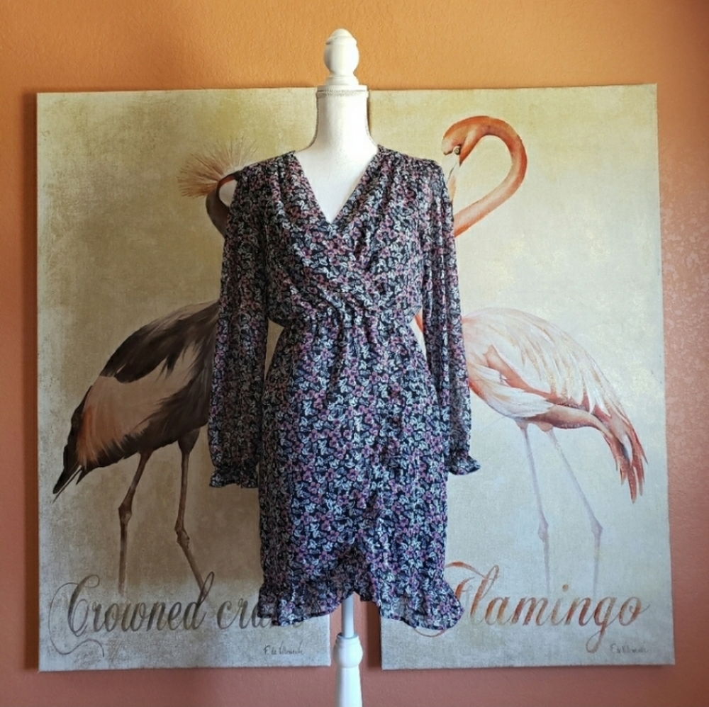 Beltaine Floral Faux Wrap Dress Semi Sheer Metallic Medium Long Sleeve Ruffle
